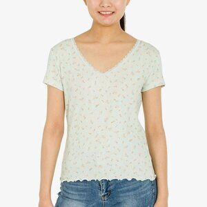 𝅺JR202 Hippie Rose Juniors' Floral Printed Lace-Trim Ribbed T-Shirt Size Large